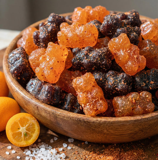 Wooden bowl filled with mixed gummy candies in orange and dark chocolate colors, coated with sugar crystals, surrounded by fresh kumquat slices, sea salt, and cinnamon powder on a wooden surface