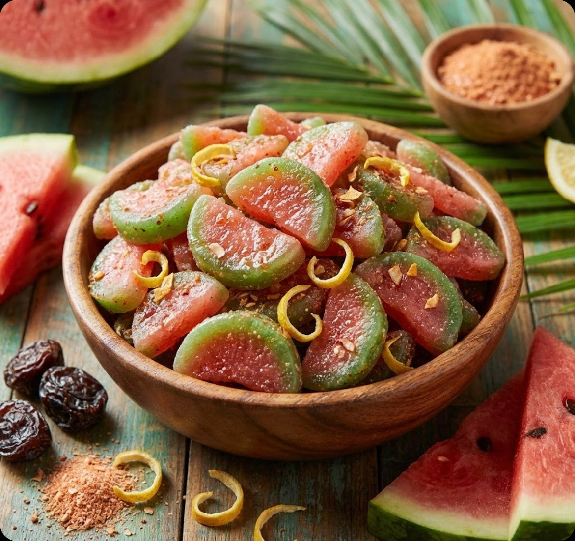 Wooden bowl filled with watermelon-flavored gummy candies coated in sugar and spice, garnished with lemon zest curls, surrounded by fresh watermelon slices, lime wedges, dried raisins, red chilies, palm fronds, and bowls of spice powder on a wooden surface