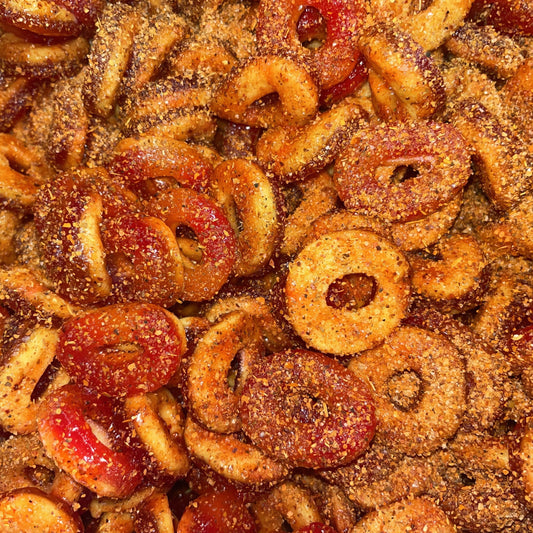 peach-flavored gummy rings coated in sugar and spice powder