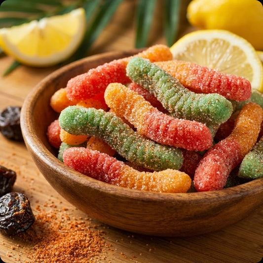 A plate of colorful gummy worms with visible lemon peel sprinkles on a red surface.
