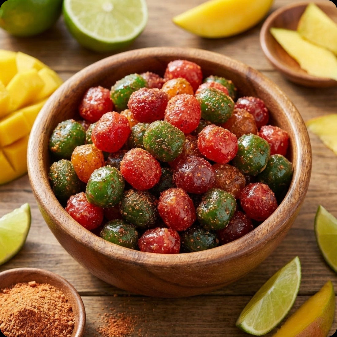 li hing mui gushers candy in a wooden bowl surrounded by mangos and limes