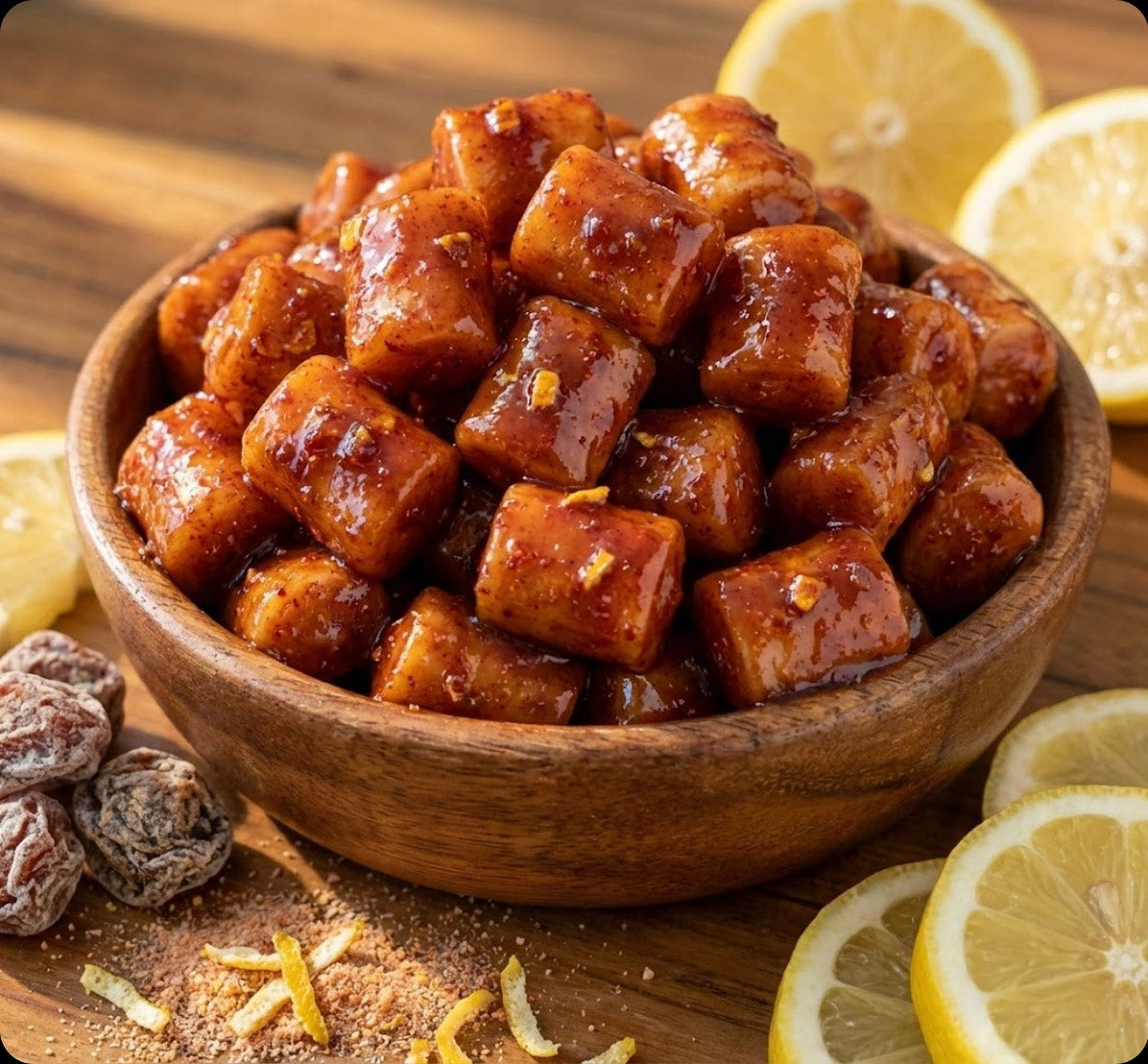 Wooden bowl filled with hi chew candy on a wooden surface with lemons and dried fruits.
