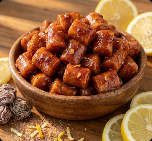 Wooden bowl filled with hi chew candy on a wooden surface with lemons and dried fruits.