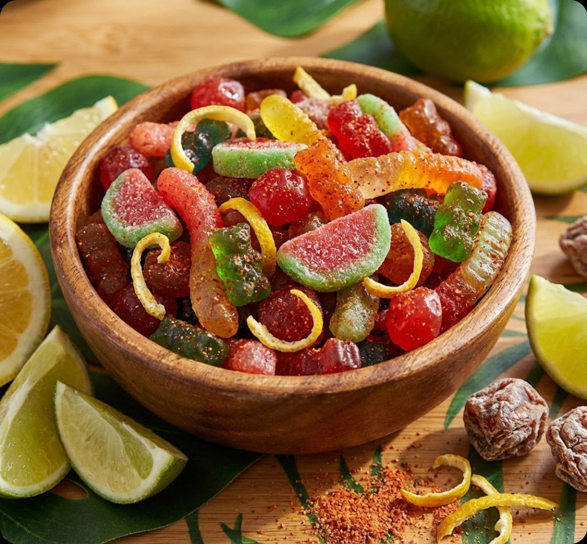 Wooden bowl filled with colorful gummy candies on a wooden surface with lemon and lime slices.