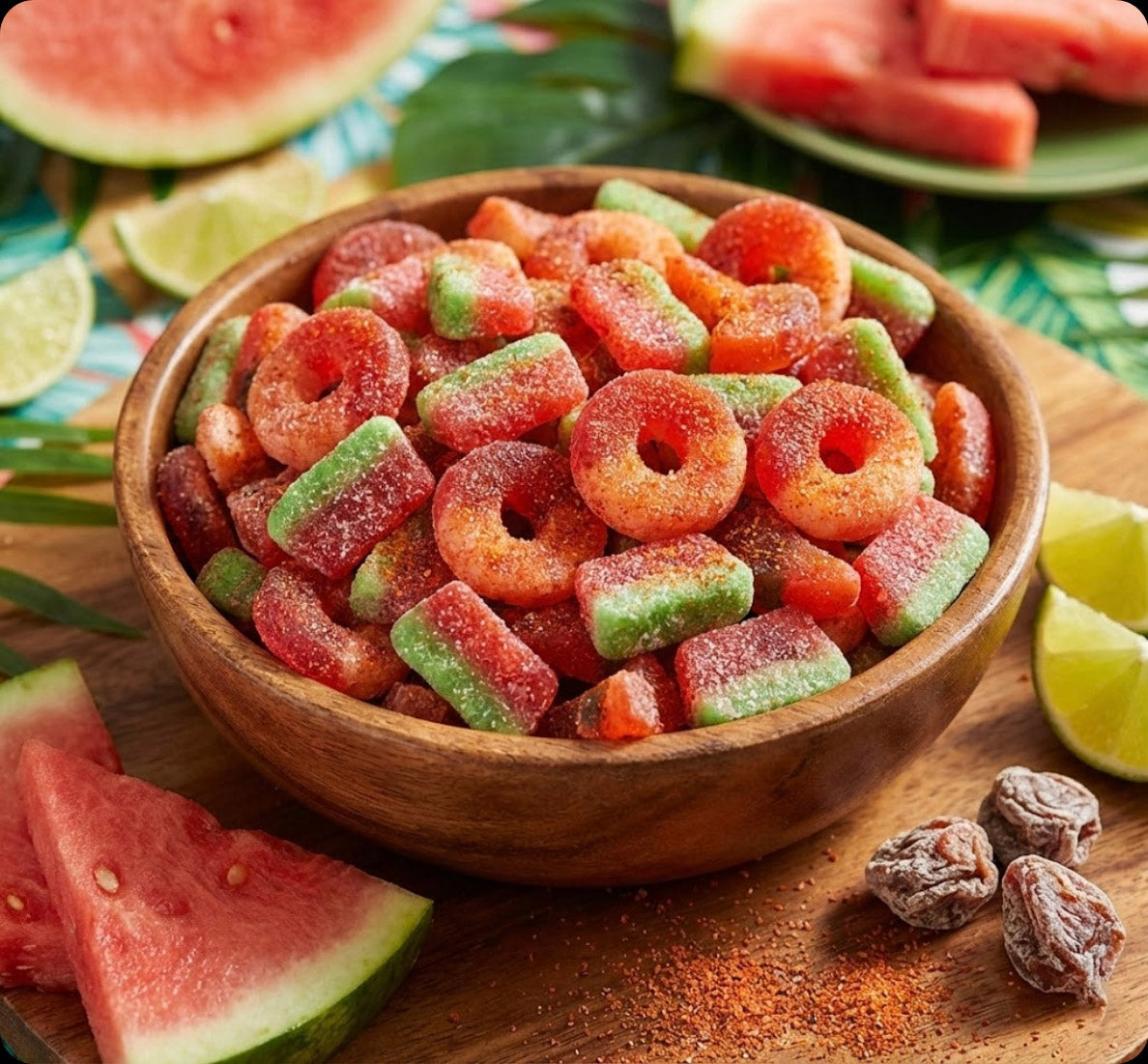 Wooden bowl of watermelon-flavored gummy rings with watermelon slices and lime wedges on a wooden board.