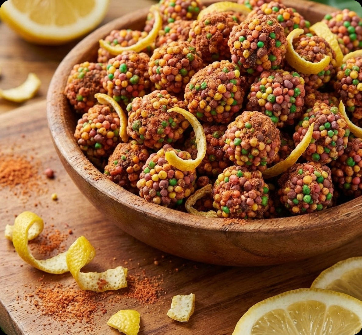 Wooden bowl filled with colorful snack balls on a wooden surface with lemon slices.