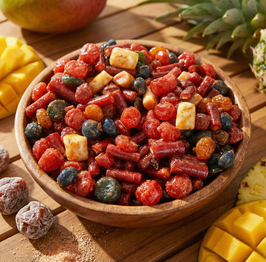 Wooden bowl filled with various candy on a wooden surface with mangoes and a pineapple.