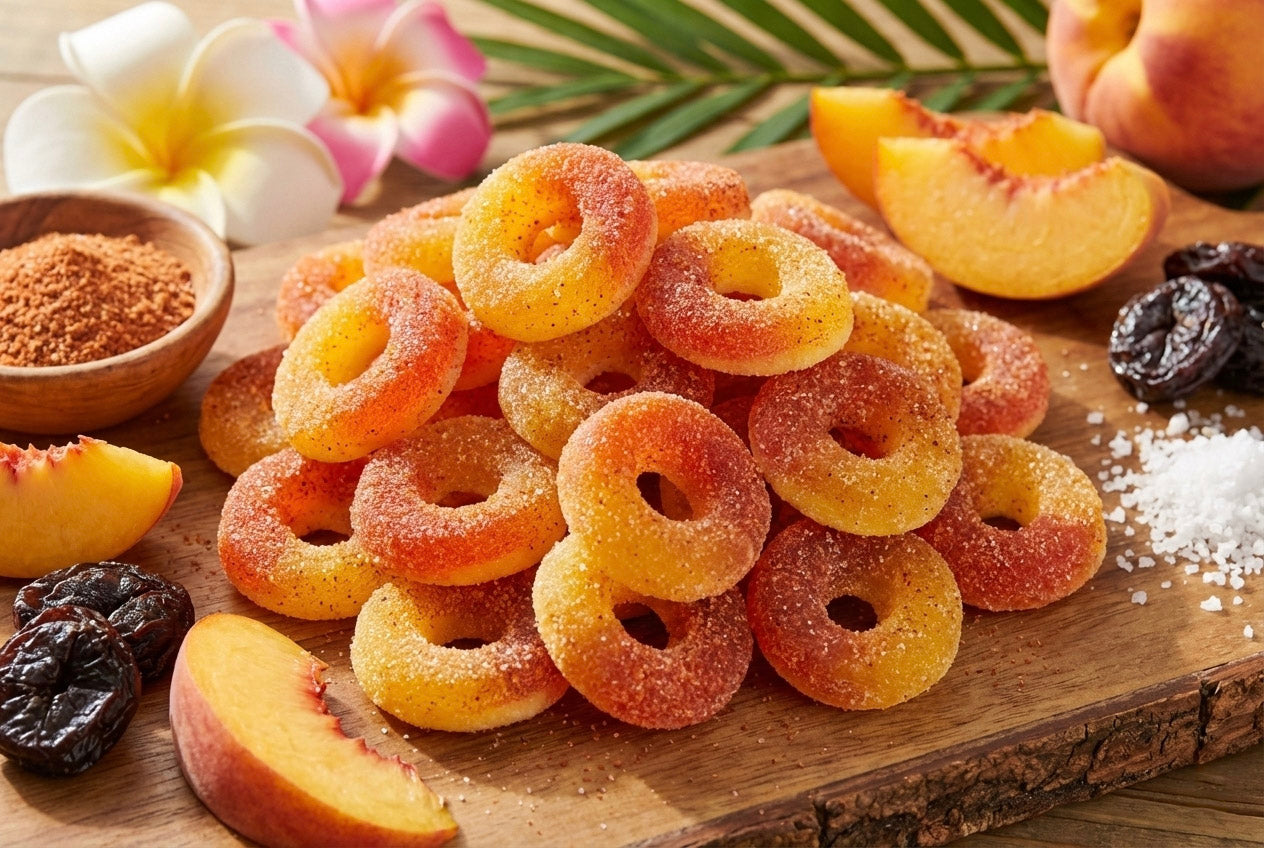 Wooden cutting board displaying peach-flavored gummy ring candies coated in sugar, surrounded by fresh peach slices, dried prunes, tropical plumeria flowers, palm leaves, cinnamon powder, and coarse sugar crystals