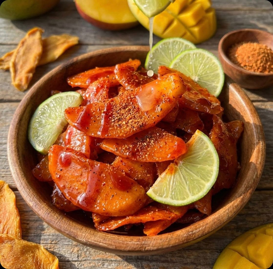 lime wedges in a wooden bowl on a wooden surface with mangoes and spices.