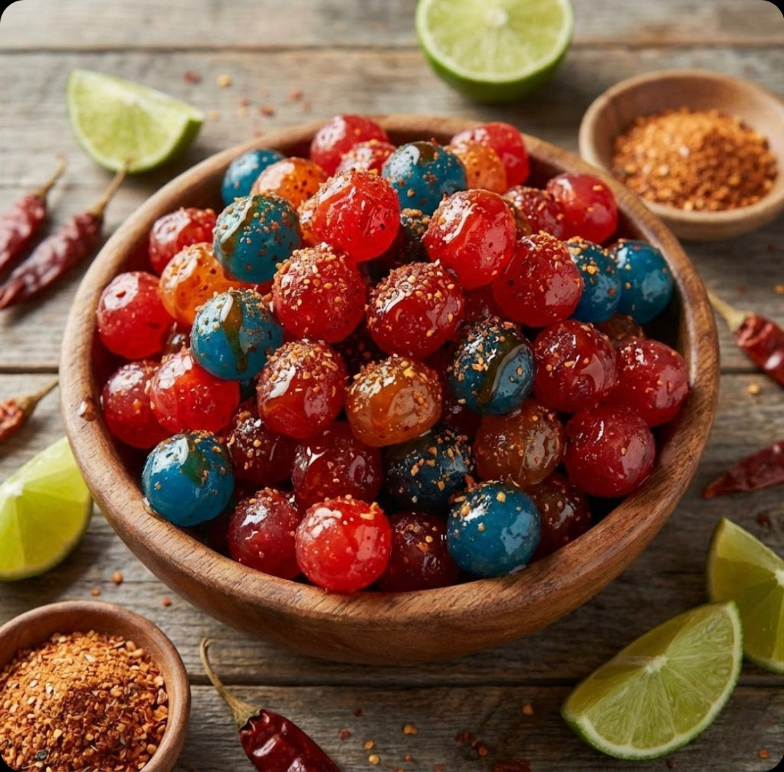 Wooden bowl filled with colorful pica pica gushers gummy candies in red, blue, and brown, coated with spicy chili powder and sugar, surrounded by fresh lime wedges, dried red chilies, and bowls of spice seasoning on a wooden surface