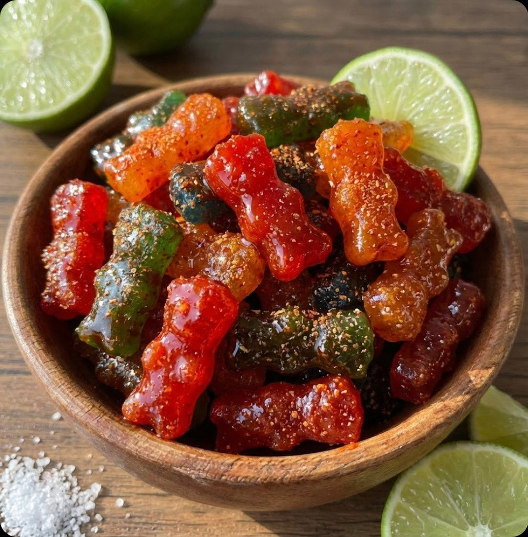 Wooden bowl filled with colorful sugar-coated gummy candies in red, orange, green, and dark colors, surrounded by fresh lime halves and coarse sea salt on a dark wooden surface