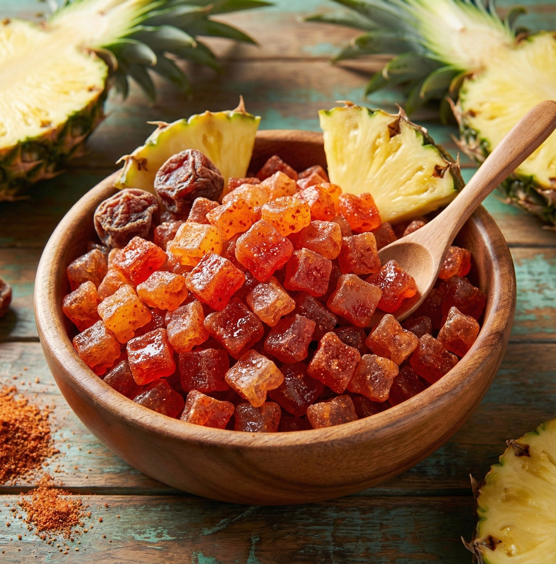 A wooden bowl filled with candied papaya cubes coated in sugar, with a wooden spoon, surrounded by fresh pineapple slices and spiced powder on a rustic wooden surface